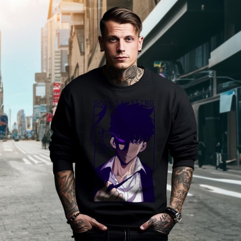 Bluza czarna męska z nadrukiem Solo Leveling Ore dake Level Up na Ken Bluza czarna męska z nadrukiem Solo Leveling Ore dake Level Up na Ken