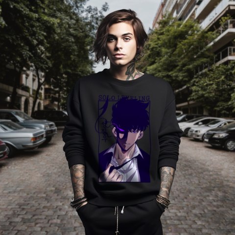 Bluza czarna męska z nadrukiem Solo Leveling Ore dake Level Up na Ken Bluza czarna męska z nadrukiem Solo Leveling Ore dake Level Up na Ken