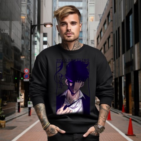 Bluza czarna męska z nadrukiem Solo Leveling Ore dake Level Up na Ken Bluza czarna męska z nadrukiem Solo Leveling Ore dake Level Up na Ken