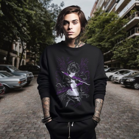 Bluza czarna męska z nadrukiem Solo Leveling Ore dake Level Up na Ken Bluza czarna męska z nadrukiem Solo Leveling Ore dake Level Up na Ken