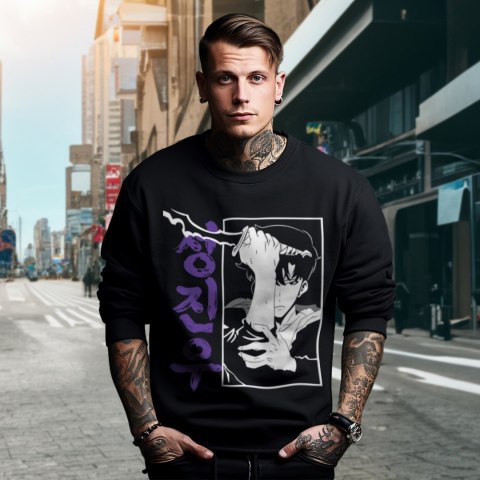 Bluza czarna męska z nadrukiem Solo Leveling Ore dake Level Up na Ken Bluza czarna męska z nadrukiem Solo Leveling Ore dake Level Up na Ken