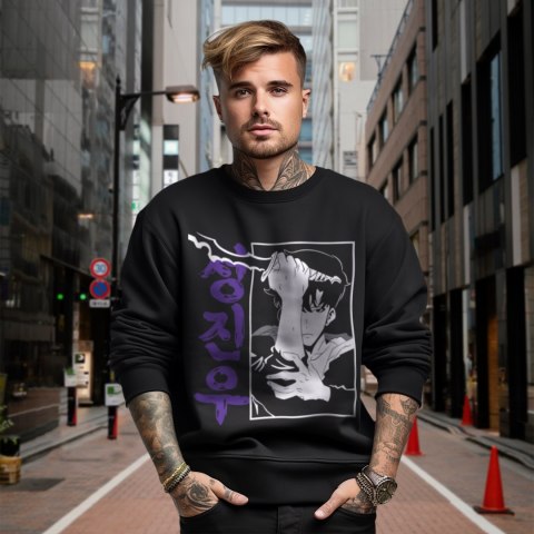 Bluza czarna męska z nadrukiem Solo Leveling Ore dake Level Up na Ken Bluza czarna męska z nadrukiem Solo Leveling Ore dake Level Up na Ken