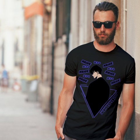 Koszulka czarna męska z nadrukiem Solo Leveling Ore dake Level Up na Ken Koszulka czarna męska z nadrukiem Solo Leveling Ore dake Level Up na Ken