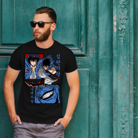 Koszulka czarna męska z nadrukiem Solo Leveling Ore dake Level Up na Ken Koszulka czarna męska z nadrukiem Solo Leveling Ore dake Level Up na Ken