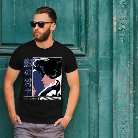 Koszulka czarna męska z nadrukiem Solo Leveling Ore dake Level Up na Ken Koszulka czarna męska z nadrukiem Solo Leveling Ore dake Level Up na Ken
