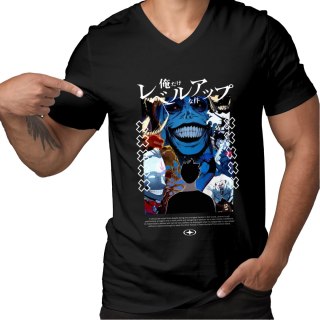 Koszulka czarna męska z nadrukiem Solo Leveling Ore dake Level Up na Ken