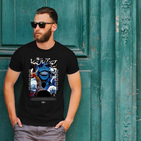 Koszulka czarna męska z nadrukiem Solo Leveling Ore dake Level Up na Ken Koszulka czarna męska z nadrukiem Solo Leveling Ore dake Level Up na Ken