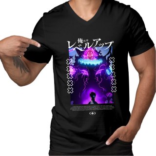 Koszulka czarna męska z nadrukiem Solo Leveling Ore dake Level Up na Ken
