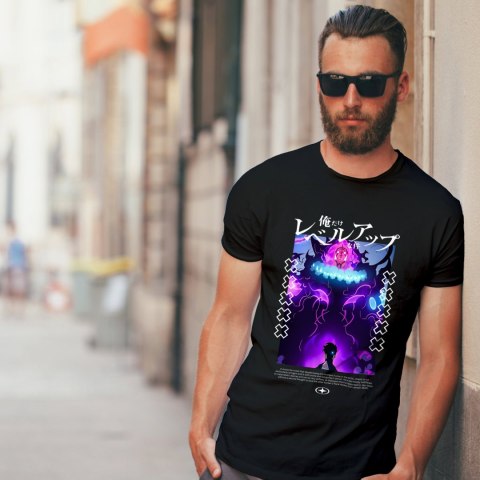 Koszulka czarna męska z nadrukiem Solo Leveling Ore dake Level Up na Ken Koszulka czarna męska z nadrukiem Solo Leveling Ore dake Level Up na Ken