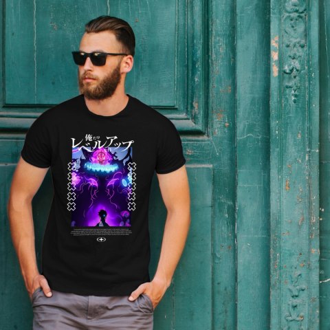Koszulka czarna męska z nadrukiem Solo Leveling Ore dake Level Up na Ken Koszulka czarna męska z nadrukiem Solo Leveling Ore dake Level Up na Ken
