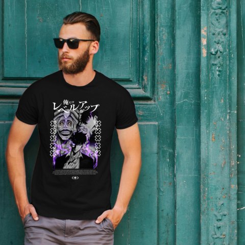 Koszulka czarna męska z nadrukiem Solo Leveling Ore dake Level Up na Ken Koszulka czarna męska z nadrukiem Solo Leveling Ore dake Level Up na Ken
