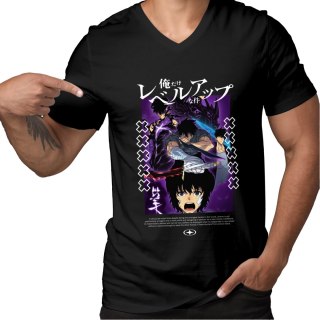 Koszulka czarna męska z nadrukiem Solo Leveling Ore dake Level Up na Ken