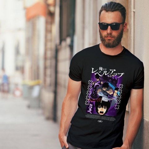 Koszulka czarna męska z nadrukiem Solo Leveling Ore dake Level Up na Ken Koszulka czarna męska z nadrukiem Solo Leveling Ore dake Level Up na Ken