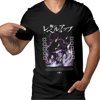 Koszulka czarna męska z nadrukiem Solo Leveling Ore dake Level Up na Ken