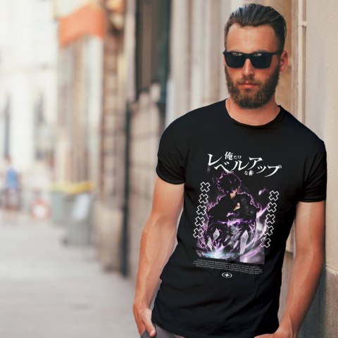 Koszulka czarna męska z nadrukiem Solo Leveling Ore dake Level Up na Ken Koszulka czarna męska z nadrukiem Solo Leveling Ore dake Level Up na Ken