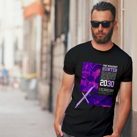 Koszulka czarna męska z nadrukiem Solo Leveling Ore dake Level Up na Ken Koszulka czarna męska z nadrukiem Solo Leveling Ore dake Level Up na Ken