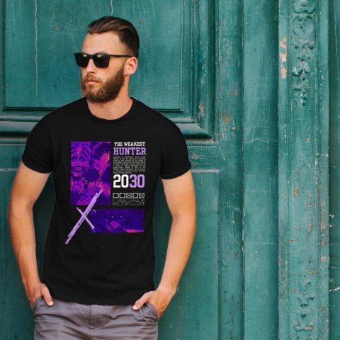 Koszulka czarna męska z nadrukiem Solo Leveling Ore dake Level Up na Ken Koszulka czarna męska z nadrukiem Solo Leveling Ore dake Level Up na Ken