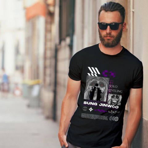Koszulka czarna męska z nadrukiem Solo Leveling Ore dake Level Up na Ken Koszulka czarna męska z nadrukiem Solo Leveling Ore dake Level Up na Ken