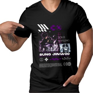 Koszulka czarna męska z nadrukiem Solo Leveling Ore dake Level Up na Ken