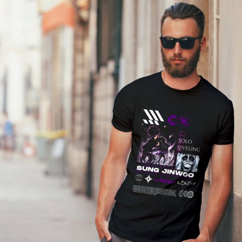 Koszulka czarna męska z nadrukiem Solo Leveling Ore dake Level Up na Ken Koszulka czarna męska z nadrukiem Solo Leveling Ore dake Level Up na Ken