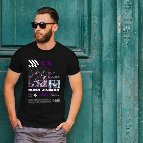 Koszulka czarna męska z nadrukiem Solo Leveling Ore dake Level Up na Ken Koszulka czarna męska z nadrukiem Solo Leveling Ore dake Level Up na Ken