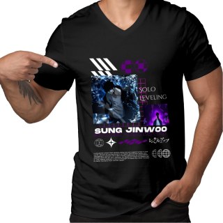 Koszulka czarna męska z nadrukiem Solo Leveling Ore dake Level Up na Ken