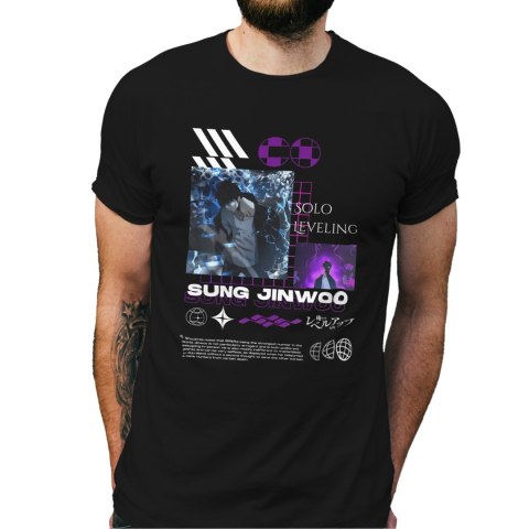 Koszulka czarna męska z nadrukiem Solo Leveling Ore dake Level Up na Ken Koszulka czarna męska z nadrukiem Solo Leveling Ore dake Level Up na Ken