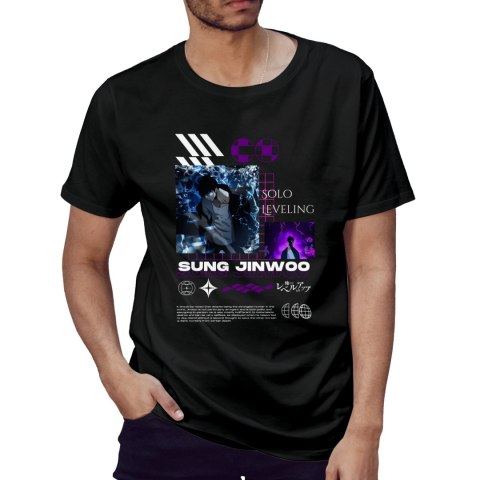 Koszulka czarna męska z nadrukiem Solo Leveling Ore dake Level Up na Ken Koszulka czarna męska z nadrukiem Solo Leveling Ore dake Level Up na Ken