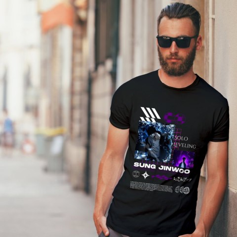 Koszulka czarna męska z nadrukiem Solo Leveling Ore dake Level Up na Ken Koszulka czarna męska z nadrukiem Solo Leveling Ore dake Level Up na Ken
