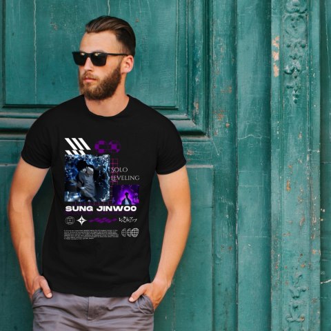 Koszulka czarna męska z nadrukiem Solo Leveling Ore dake Level Up na Ken Koszulka czarna męska z nadrukiem Solo Leveling Ore dake Level Up na Ken