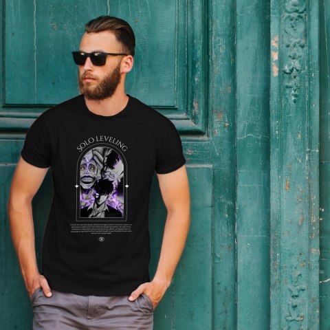 Koszulka czarna męska z nadrukiem Solo Leveling Ore dake Level Up na Ken Koszulka czarna męska z nadrukiem Solo Leveling Ore dake Level Up na Ken