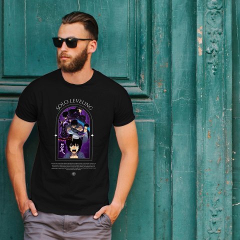Koszulka czarna męska z nadrukiem Solo Leveling Ore dake Level Up na Ken Koszulka czarna męska z nadrukiem Solo Leveling Ore dake Level Up na Ken