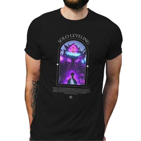 Koszulka czarna męska z nadrukiem Solo Leveling Ore dake Level Up na Ken Koszulka czarna męska z nadrukiem Solo Leveling Ore dake Level Up na Ken