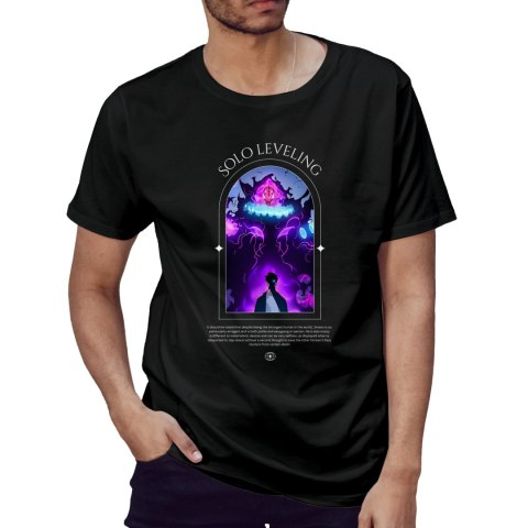 Koszulka czarna męska z nadrukiem Solo Leveling Ore dake Level Up na Ken Koszulka czarna męska z nadrukiem Solo Leveling Ore dake Level Up na Ken