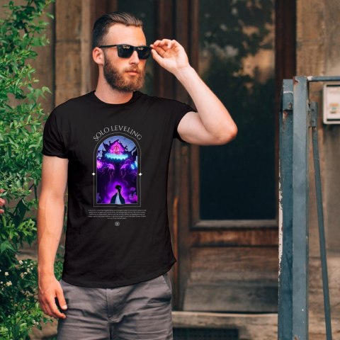 Koszulka czarna męska z nadrukiem Solo Leveling Ore dake Level Up na Ken Koszulka czarna męska z nadrukiem Solo Leveling Ore dake Level Up na Ken