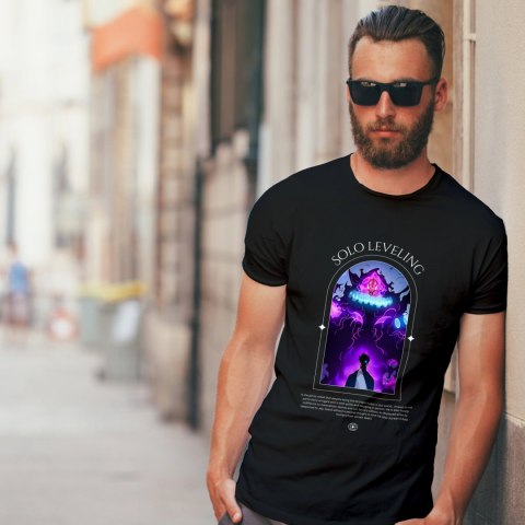 Koszulka czarna męska z nadrukiem Solo Leveling Ore dake Level Up na Ken Koszulka czarna męska z nadrukiem Solo Leveling Ore dake Level Up na Ken