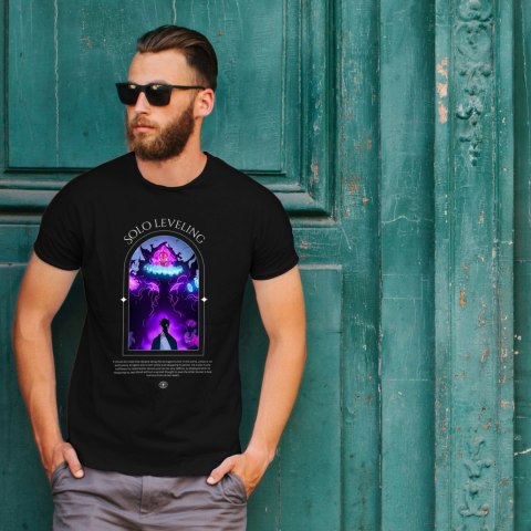 Koszulka czarna męska z nadrukiem Solo Leveling Ore dake Level Up na Ken Koszulka czarna męska z nadrukiem Solo Leveling Ore dake Level Up na Ken