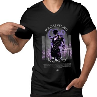 Koszulka czarna męska z nadrukiem Solo Leveling Ore dake Level Up na Ken