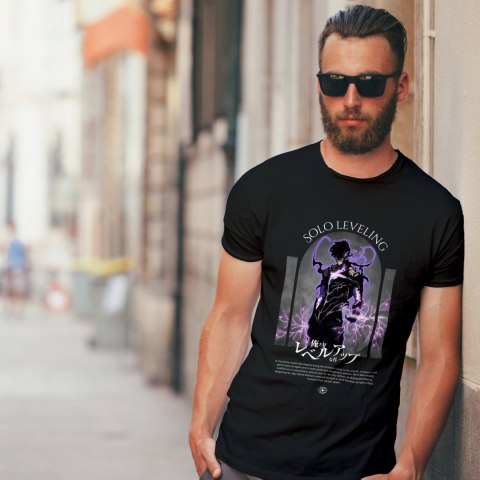 Koszulka czarna męska z nadrukiem Solo Leveling Ore dake Level Up na Ken Koszulka czarna męska z nadrukiem Solo Leveling Ore dake Level Up na Ken
