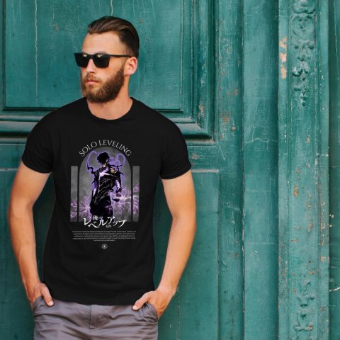 Koszulka czarna męska z nadrukiem Solo Leveling Ore dake Level Up na Ken Koszulka czarna męska z nadrukiem Solo Leveling Ore dake Level Up na Ken