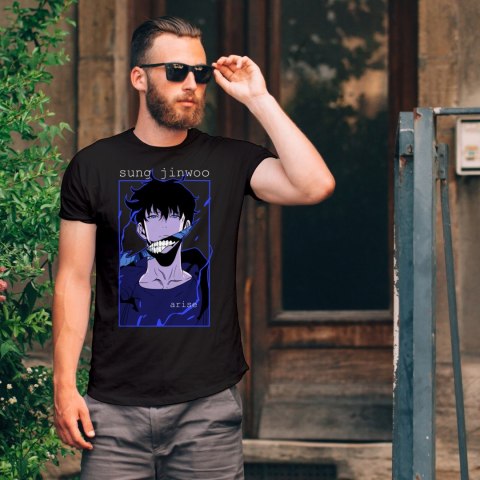 Koszulka czarna męska z nadrukiem Solo Leveling Ore dake Level Up na Ken
