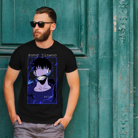 Koszulka czarna męska z nadrukiem Solo Leveling Ore dake Level Up na Ken