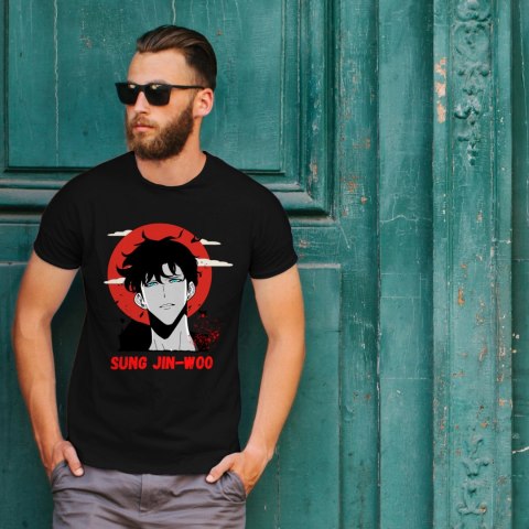 Koszulka czarna męska z nadrukiem Solo Leveling Ore dake Level Up na Ken Koszulka czarna męska z nadrukiem Solo Leveling Ore dake Level Up na Ken