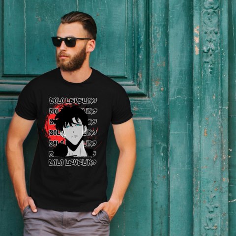 Koszulka czarna męska z nadrukiem Solo Leveling Ore dake Level Up na Ken Koszulka czarna męska z nadrukiem Solo Leveling Ore dake Level Up na Ken