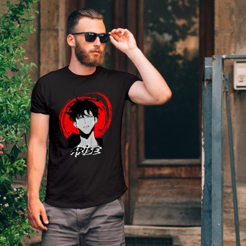 Koszulka czarna męska z nadrukiem Solo Leveling Ore dake Level Up na Ken Koszulka czarna męska z nadrukiem Solo Leveling Ore dake Level Up na Ken