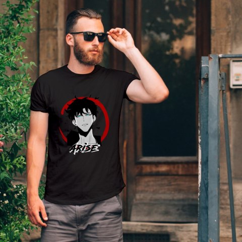 Koszulka czarna męska z nadrukiem Solo Leveling Ore dake Level Up na Ken Koszulka czarna męska z nadrukiem Solo Leveling Ore dake Level Up na Ken