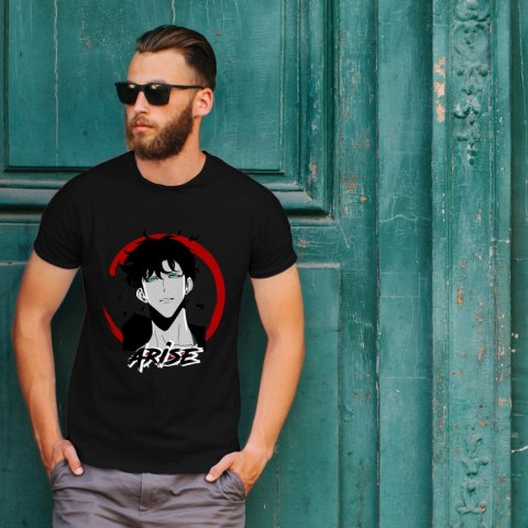 Koszulka czarna męska z nadrukiem Solo Leveling Ore dake Level Up na Ken Koszulka czarna męska z nadrukiem Solo Leveling Ore dake Level Up na Ken