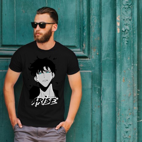 Koszulka czarna męska z nadrukiem Solo Leveling Ore dake Level Up na Ken Koszulka czarna męska z nadrukiem Solo Leveling Ore dake Level Up na Ken